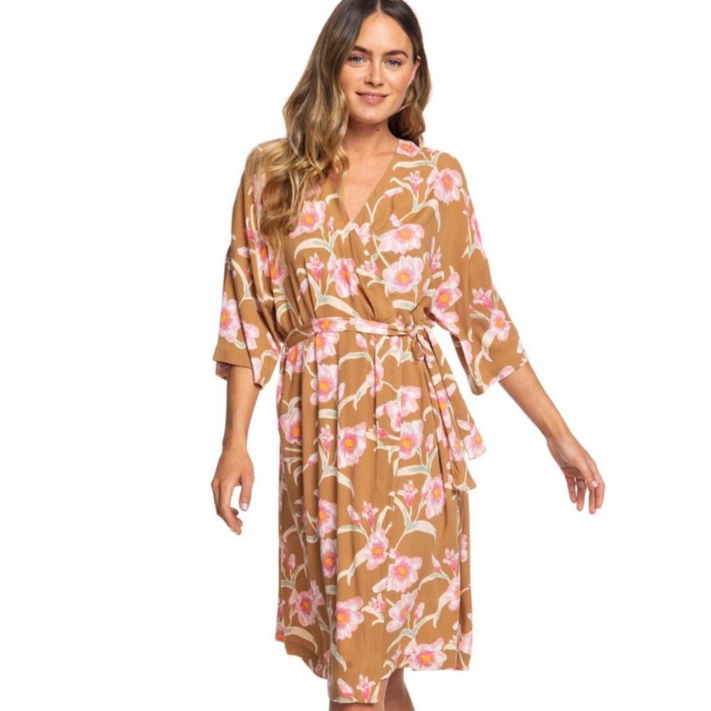 Roxy Floral Tan and Pink Dress